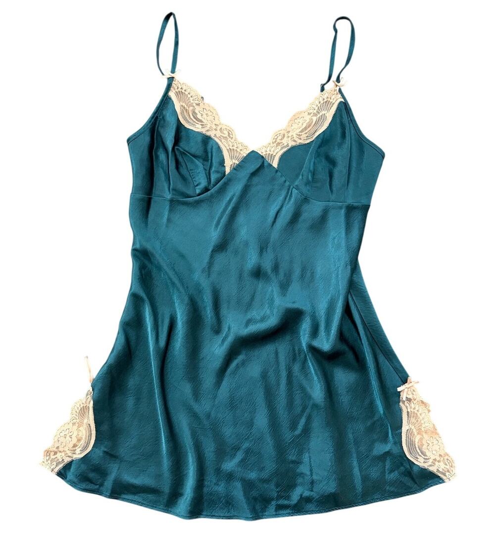 vintage y2k No Boundaries teal satin lace chemise slip nightgown small